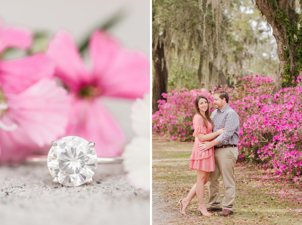 engagement ring next to pink flowers